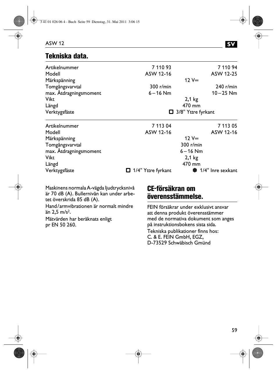 Tekniska data, Ce-försäkran om överensstämmelse | Fein ASW12-16 User Manual | Page 59 / 94