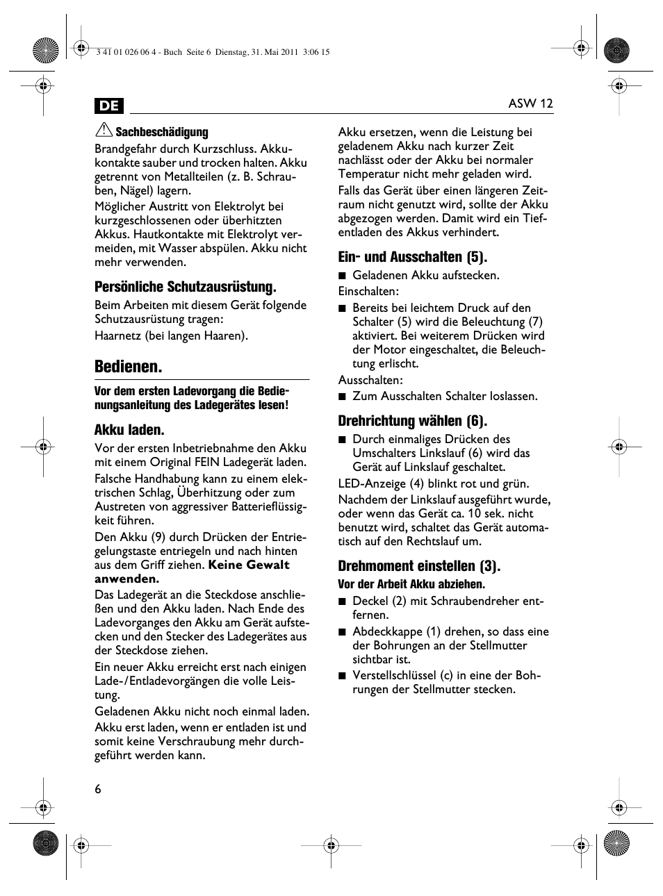 Bedienen | Fein ASW12-16 User Manual | Page 6 / 94