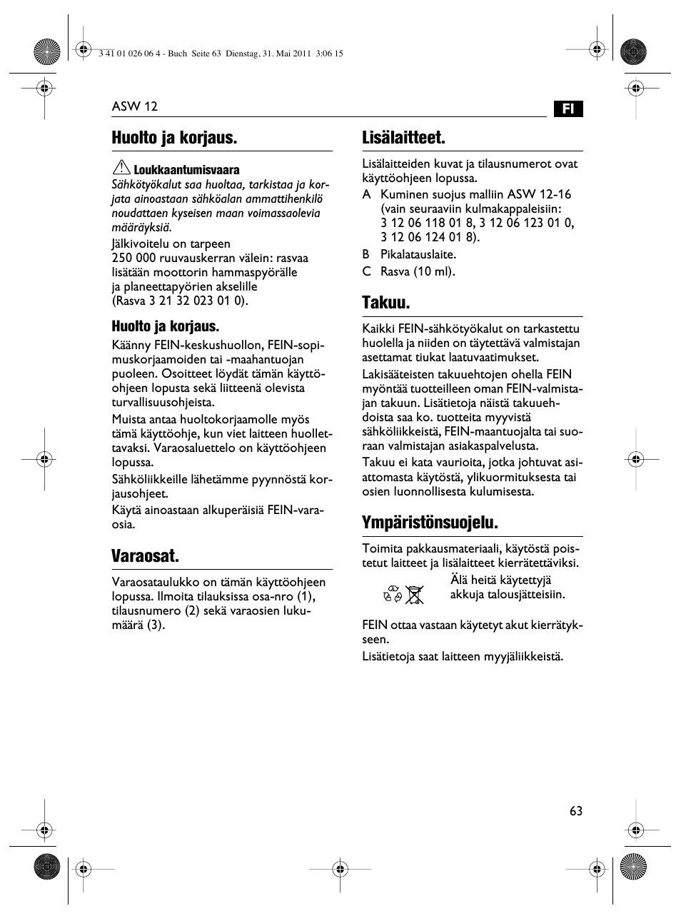 Huolto ja korjaus, Varaosat, Lisälaitteet | Takuu, Ympäristönsuojelu | Fein ASW12-16 User Manual | Page 63 / 94