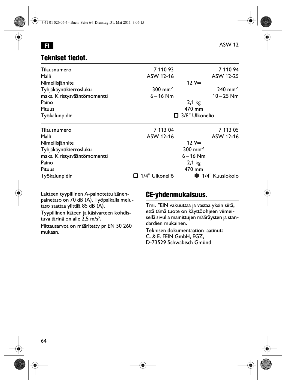 Tekniset tiedot, Ce-yhdenmukaisuus | Fein ASW12-16 User Manual | Page 64 / 94
