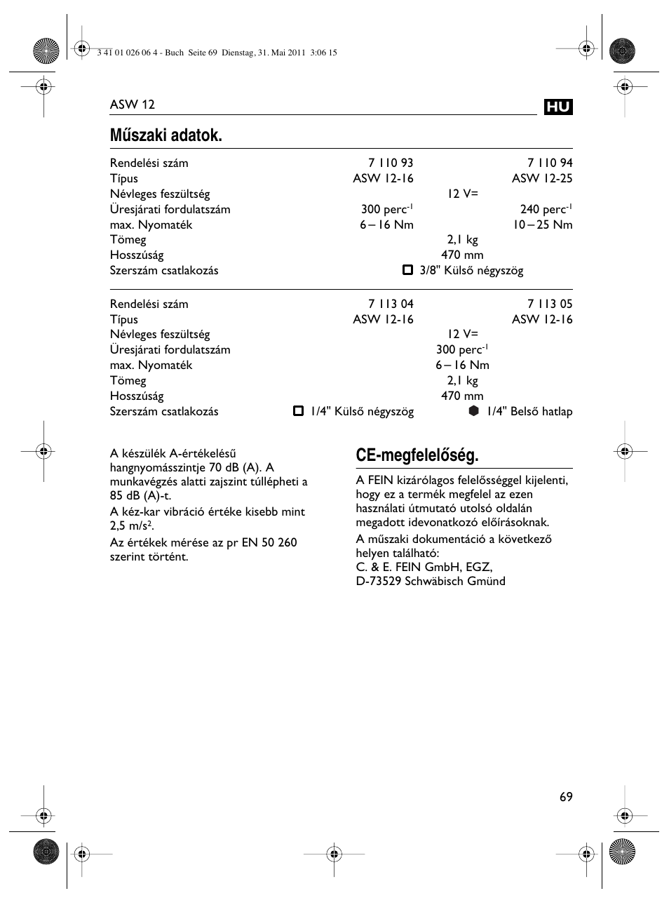 Mıszaki adatok, Ce-megfelelœség | Fein ASW12-16 User Manual | Page 69 / 94