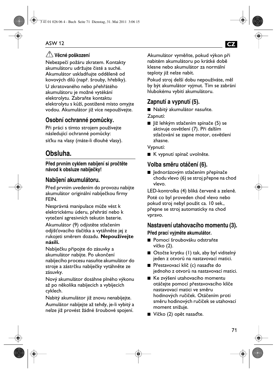 Obsluha | Fein ASW12-16 User Manual | Page 71 / 94