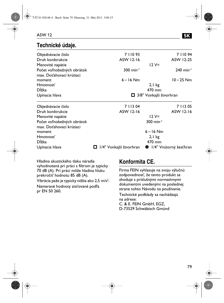 Technické údaje, Konformita ce | Fein ASW12-16 User Manual | Page 79 / 94