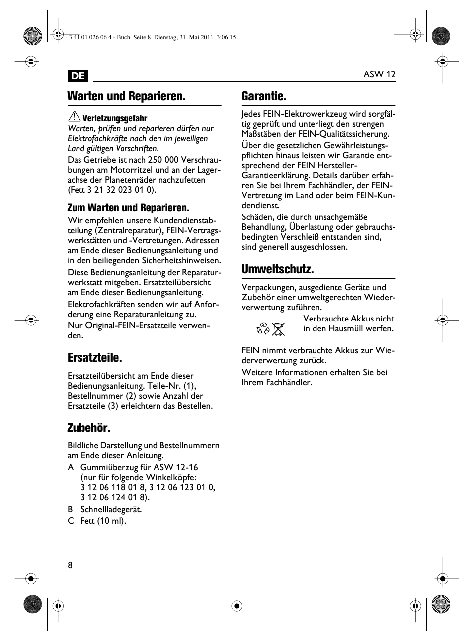 Warten und reparieren, Ersatzteile, Zubehör | Garantie, Umweltschutz | Fein ASW12-16 User Manual | Page 8 / 94