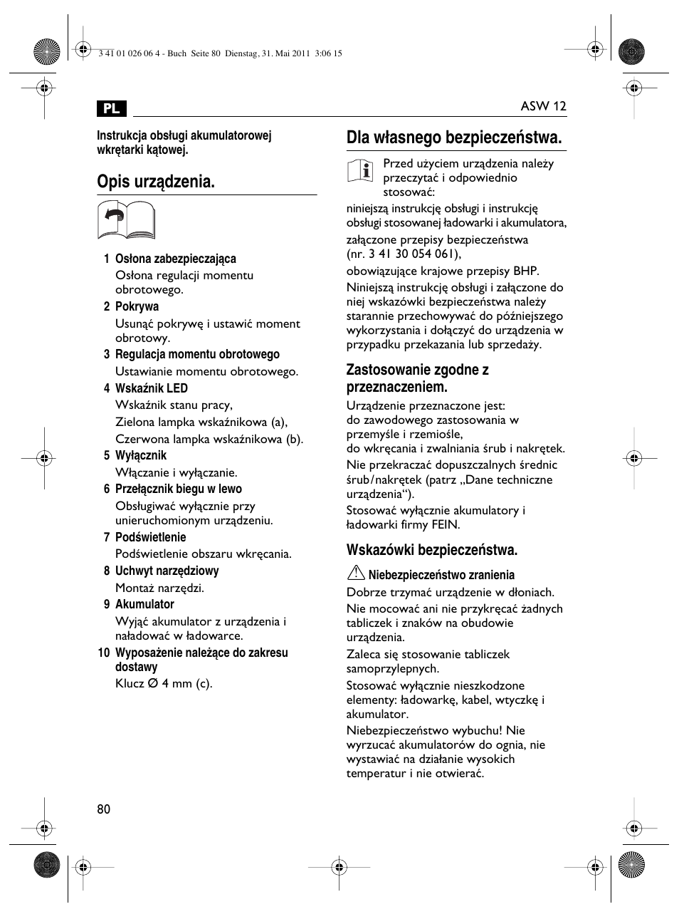 Opis urzàdzenia, Dla w∏asnego bezpieczeƒstwa | Fein ASW12-16 User Manual | Page 80 / 94