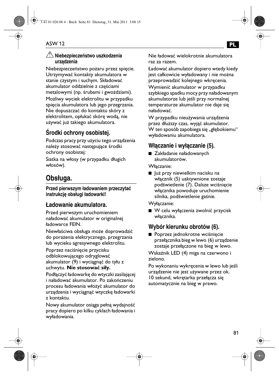 Obs∏uga | Fein ASW12-16 User Manual | Page 81 / 94