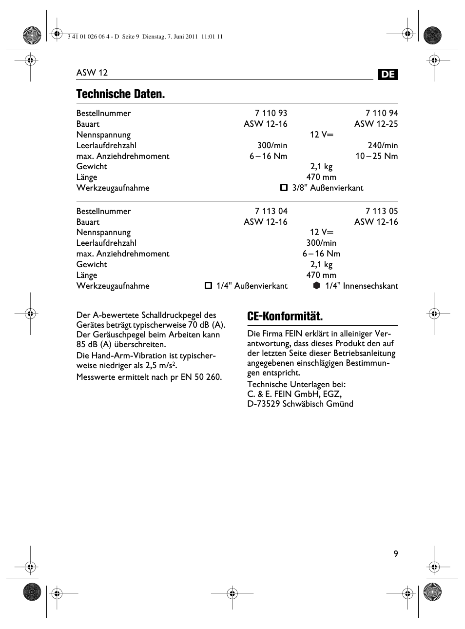 Technische daten, Ce-konformität | Fein ASW12-16 User Manual | Page 9 / 94