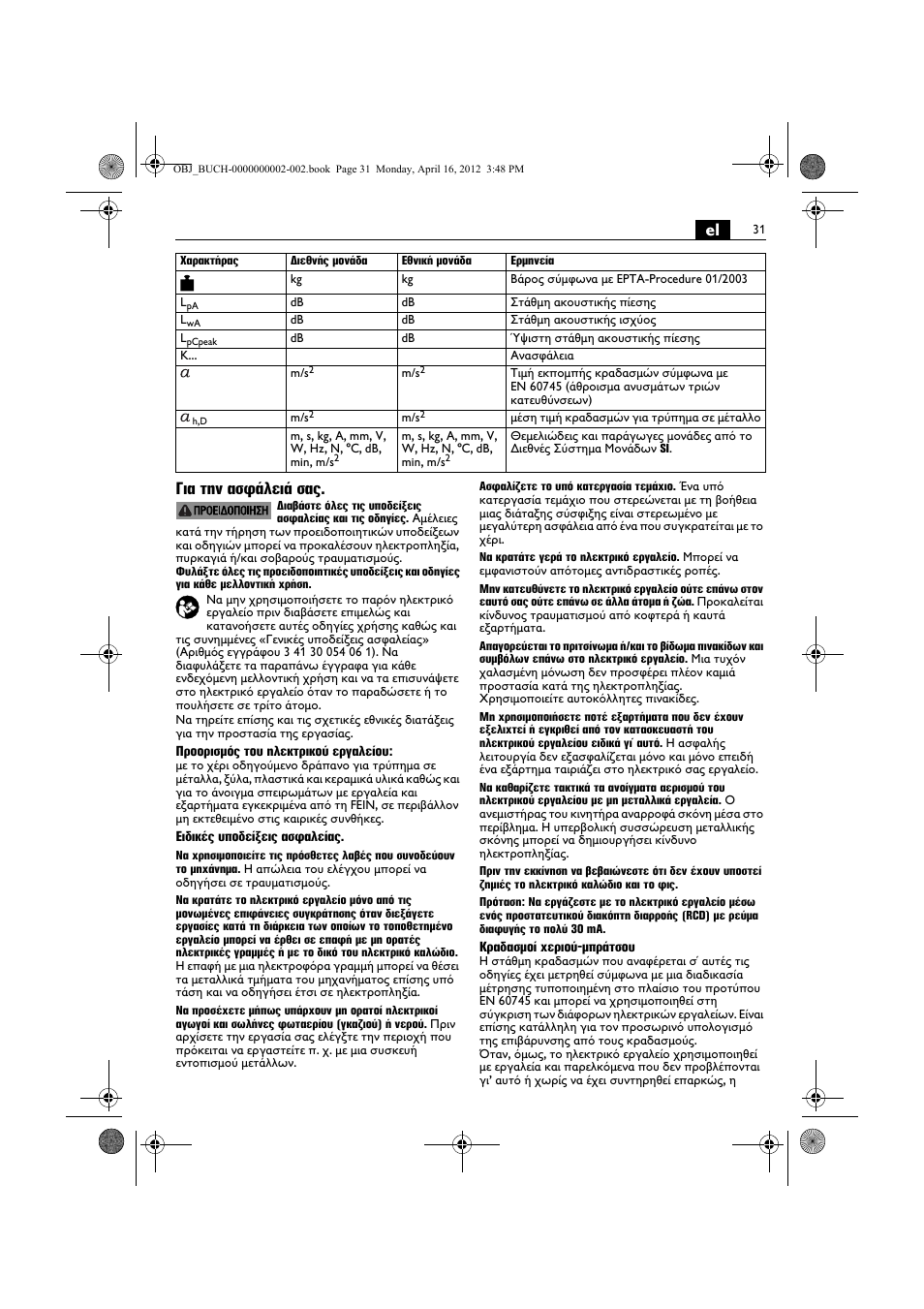 El για την ασφάλειά σας | Fein BOP 13-2 User Manual | Page 31 / 110