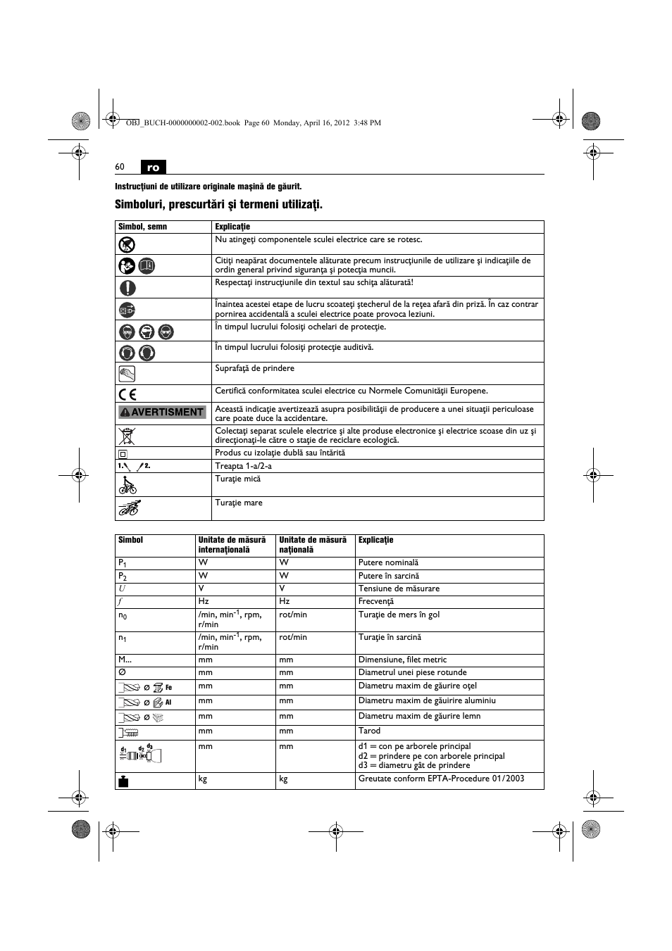 Simboluri, prescurtări şi termeni utilizaţi | Fein BOP 13-2 User Manual | Page 60 / 110