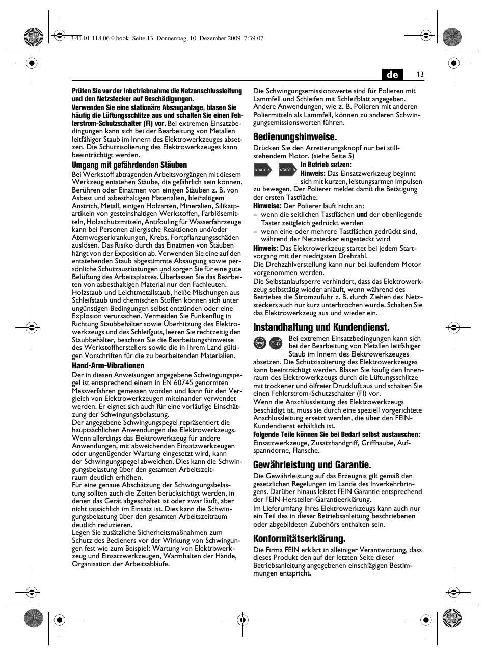 Bedienungshinweise, Instandhaltung und kundendienst, Gewährleistung und garantie | Konformitätserklärung | Fein WPO 14-15XE User Manual | Page 13 / 92