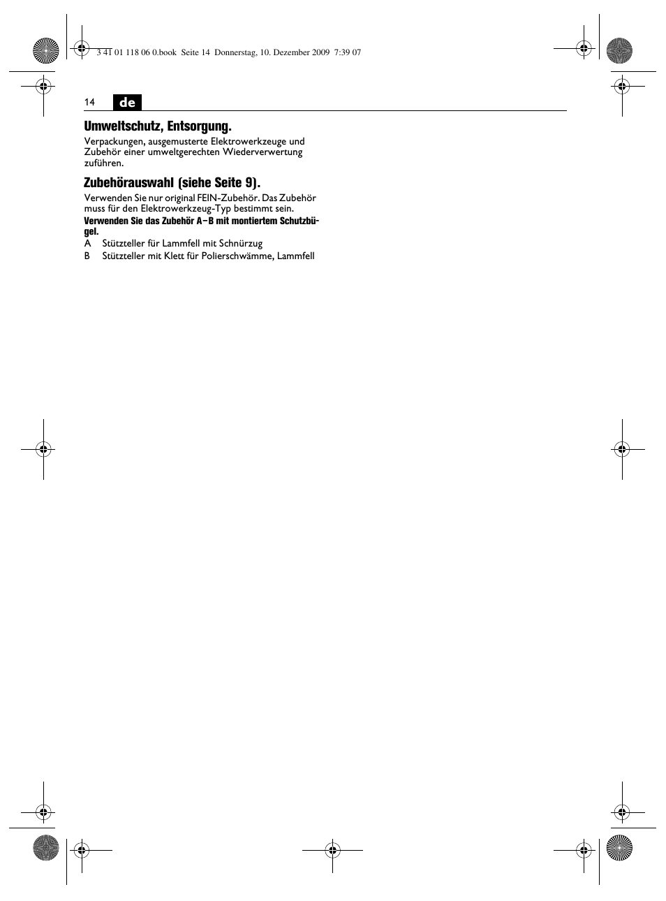 De umweltschutz, entsorgung, Zubehörauswahl (siehe seite 9) | Fein WPO 14-15XE User Manual | Page 14 / 92