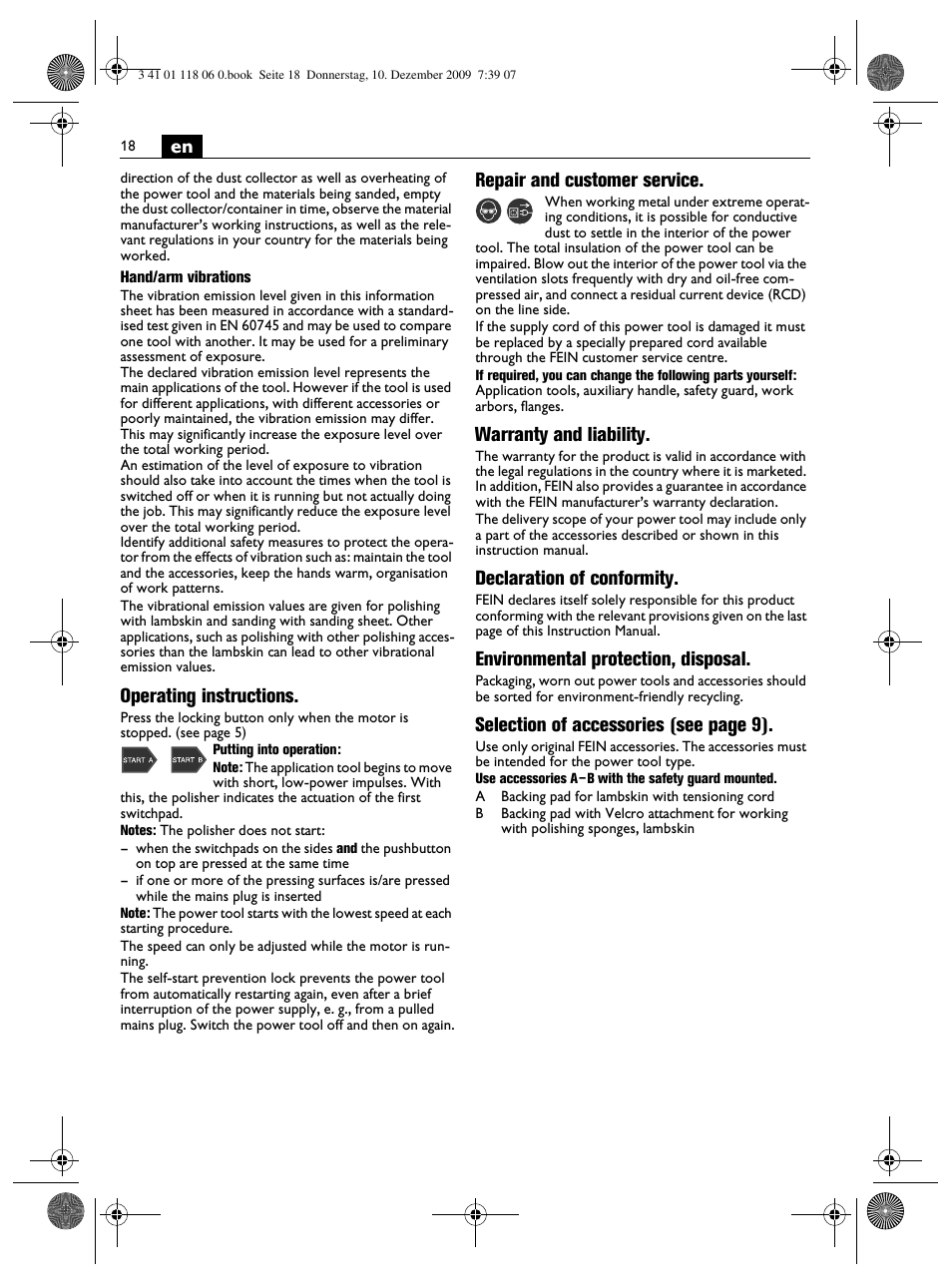 Operating instructions, Repair and customer service, Warranty and liability | Declaration of conformity, Environmental protection, disposal, Selection of accessories (see page 9) | Fein WPO 14-15XE User Manual | Page 18 / 92