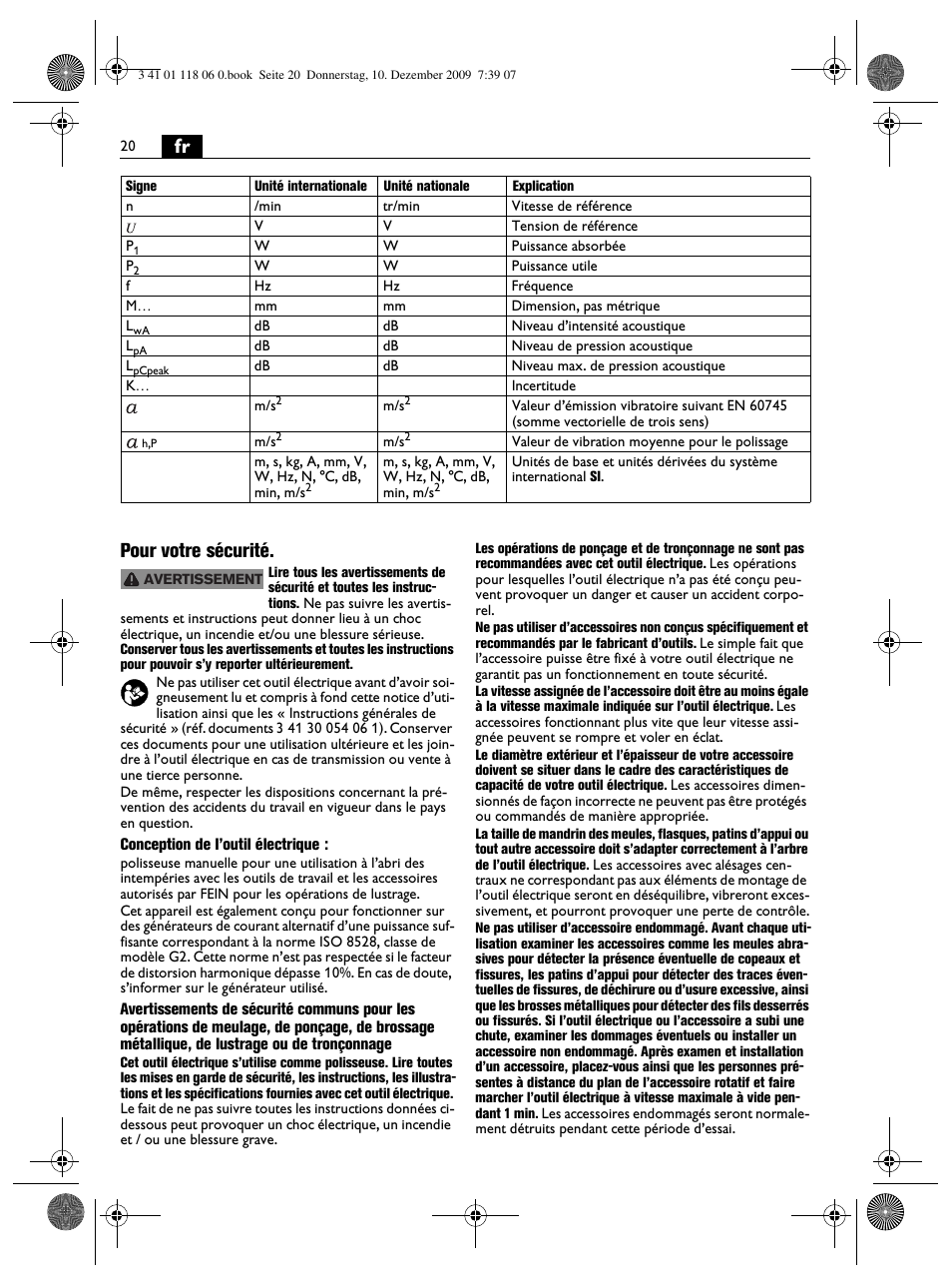 Fr pour votre sécurité | Fein WPO 14-15XE User Manual | Page 20 / 92