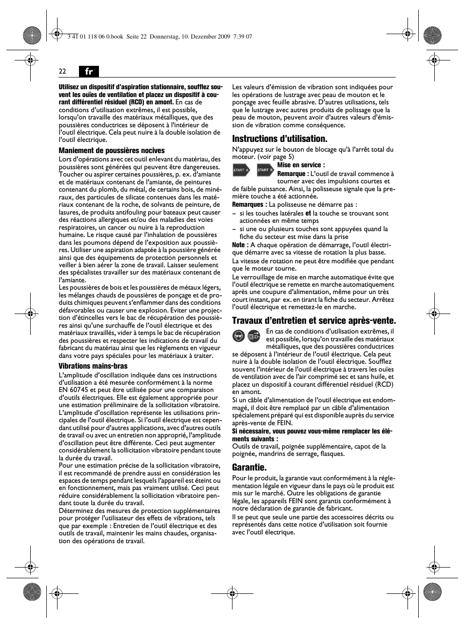 Instructions d’utilisation, Travaux d’entretien et service après-vente, Garantie | Fein WPO 14-15XE User Manual | Page 22 / 92