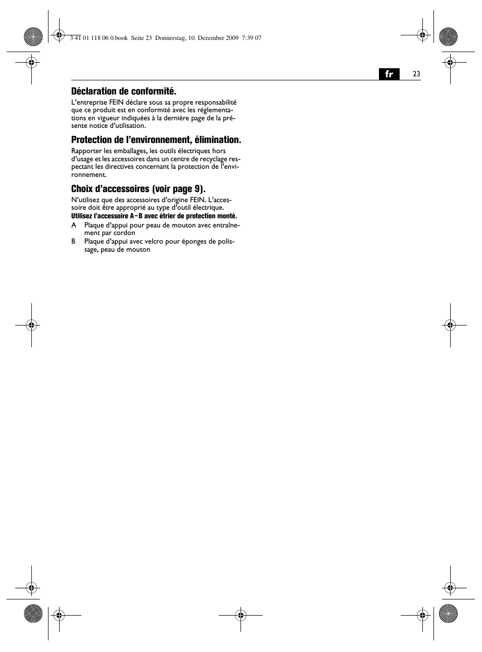 Fr déclaration de conformité, Protection de l’environnement, élimination, Choix d’accessoires (voir page 9) | Fein WPO 14-15XE User Manual | Page 23 / 92