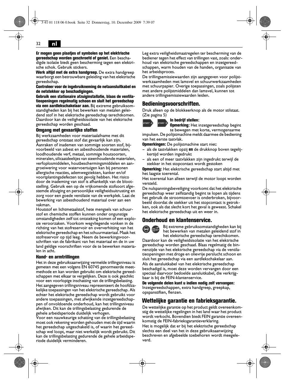 Bedieningsvoorschriften, Onderhoud en klantenservice, Wettelijke garantie en fabrieksgarantie | Fein WPO 14-15XE User Manual | Page 32 / 92