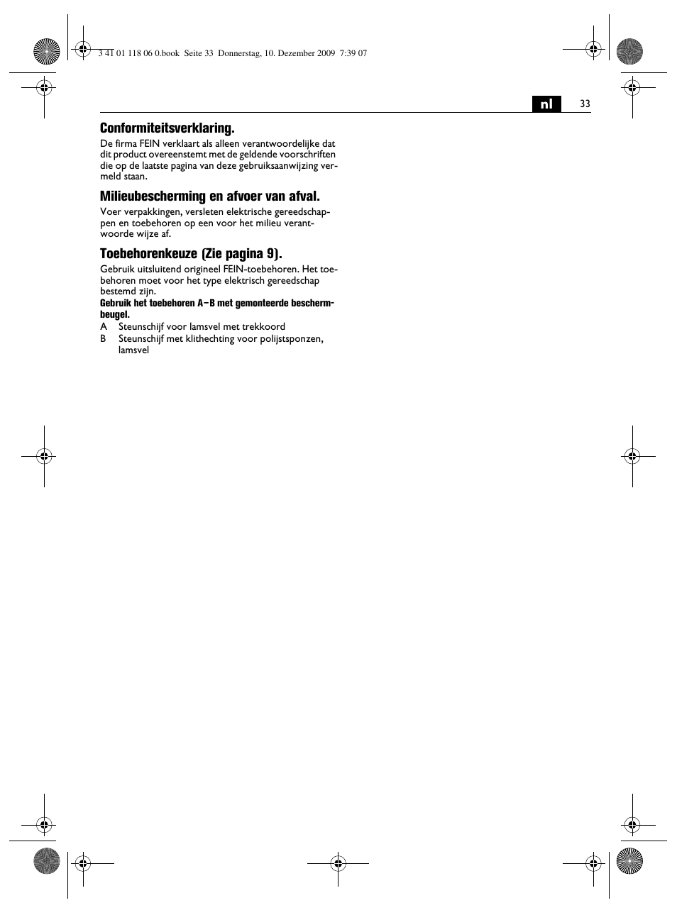 Nl conformiteitsverklaring, Milieubescherming en afvoer van afval, Toebehorenkeuze (zie pagina 9) | Fein WPO 14-15XE User Manual | Page 33 / 92