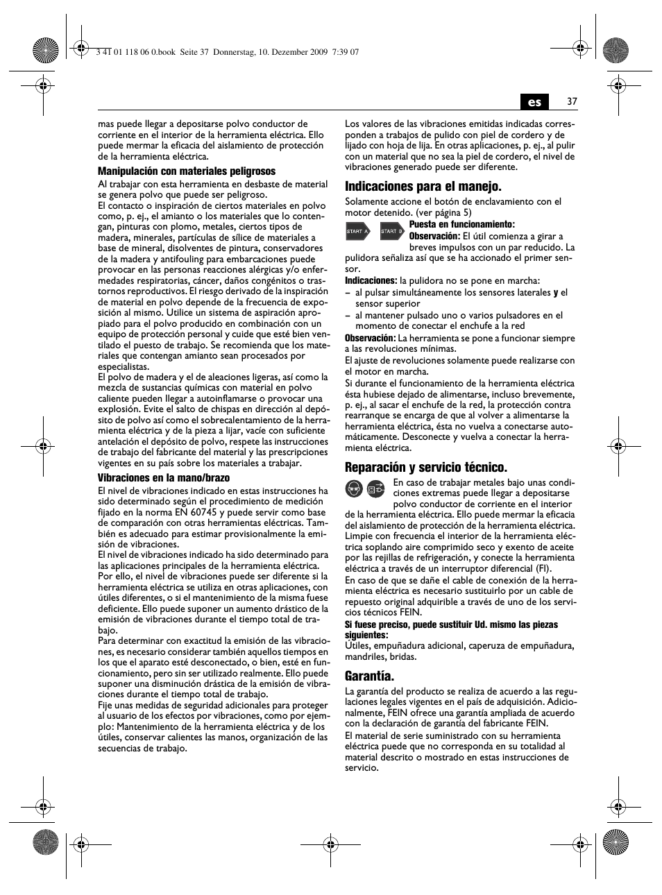 Indicaciones para el manejo, Reparación y servicio técnico, Garantía | Fein WPO 14-15XE User Manual | Page 37 / 92