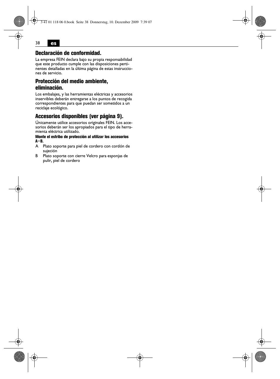 Es declaración de conformidad, Protección del medio ambiente, eliminación, Accesorios disponibles (ver página 9) | Fein WPO 14-15XE User Manual | Page 38 / 92