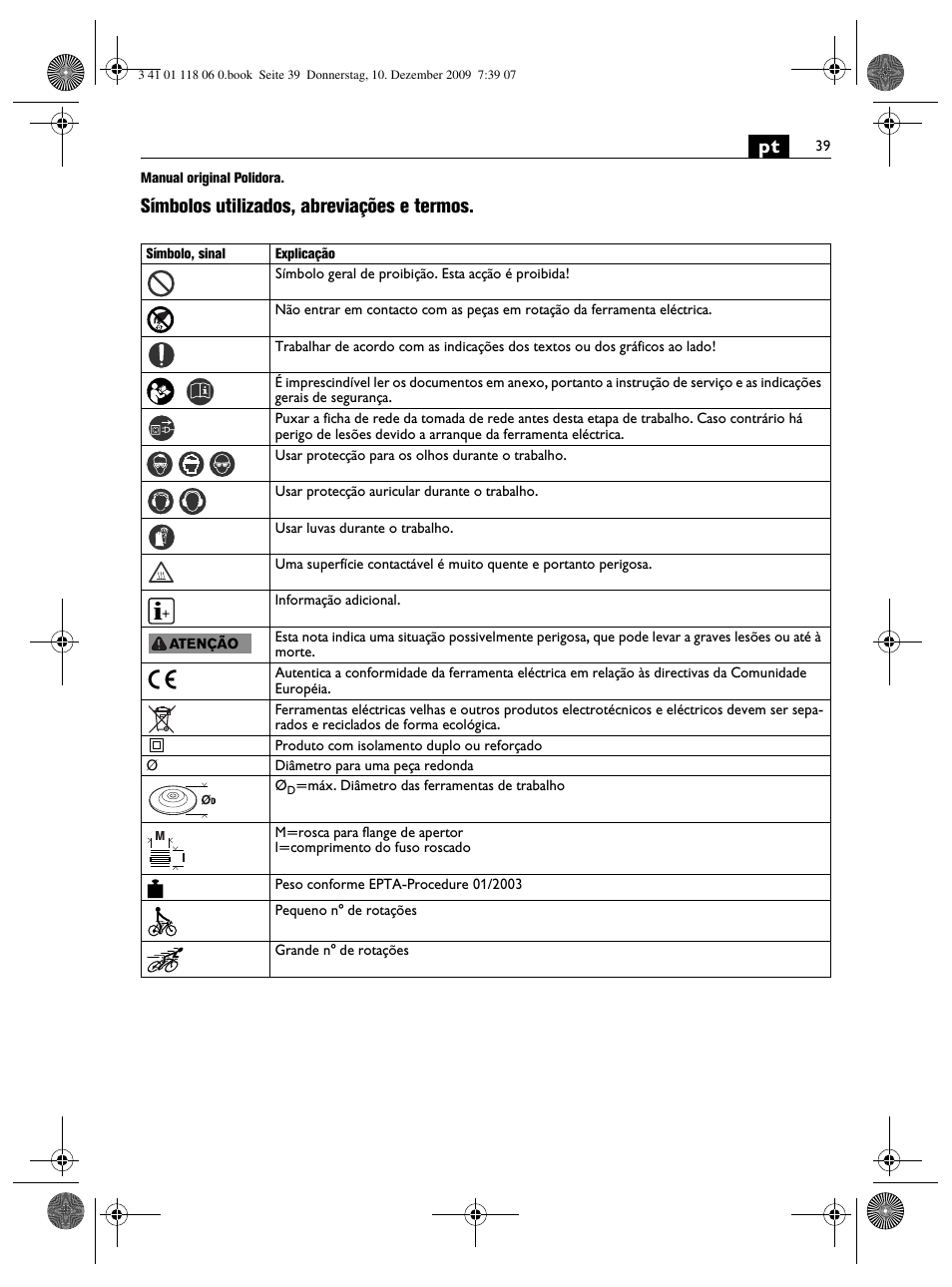 Símbolos utilizados, abreviações e termos | Fein WPO 14-15XE User Manual | Page 39 / 92