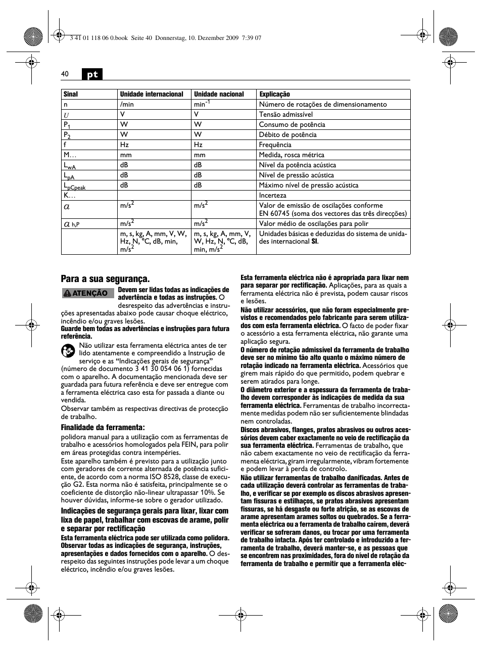 Pt para a sua segurança | Fein WPO 14-15XE User Manual | Page 40 / 92