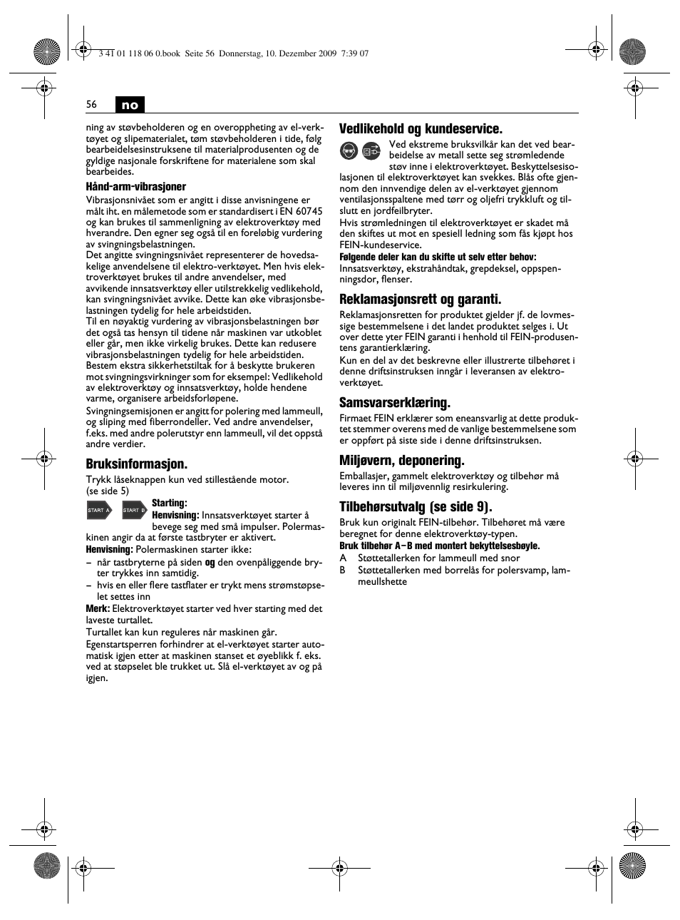 Bruksinformasjon, Vedlikehold og kundeservice, Reklamasjonsrett og garanti | Samsvarserklæring, Miljøvern, deponering, Tilbehørsutvalg (se side 9) | Fein WPO 14-15XE User Manual | Page 56 / 92