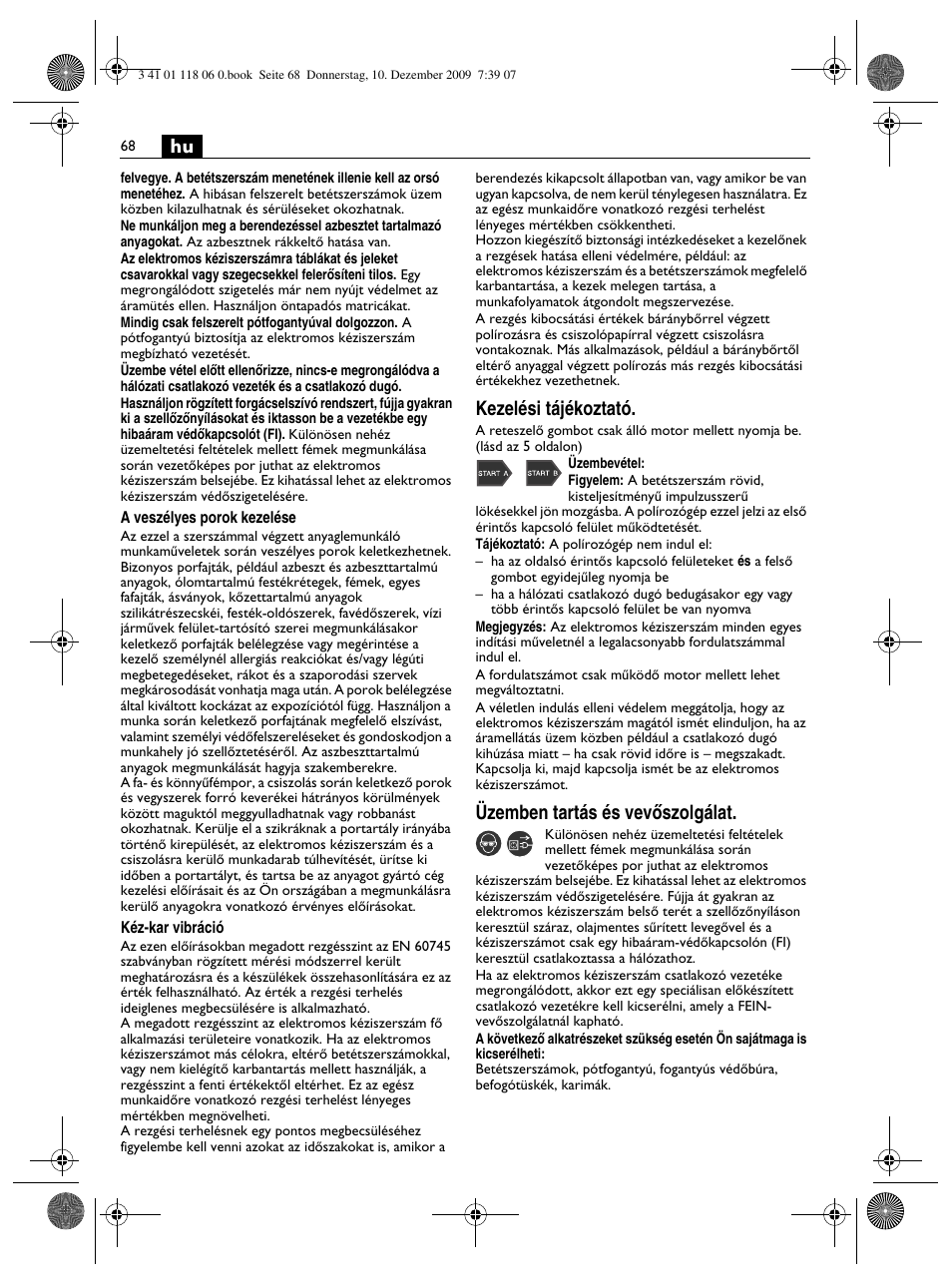 Kezelési tájékoztató, Üzemben tartás és vevœszolgálat | Fein WPO 14-15XE User Manual | Page 68 / 92