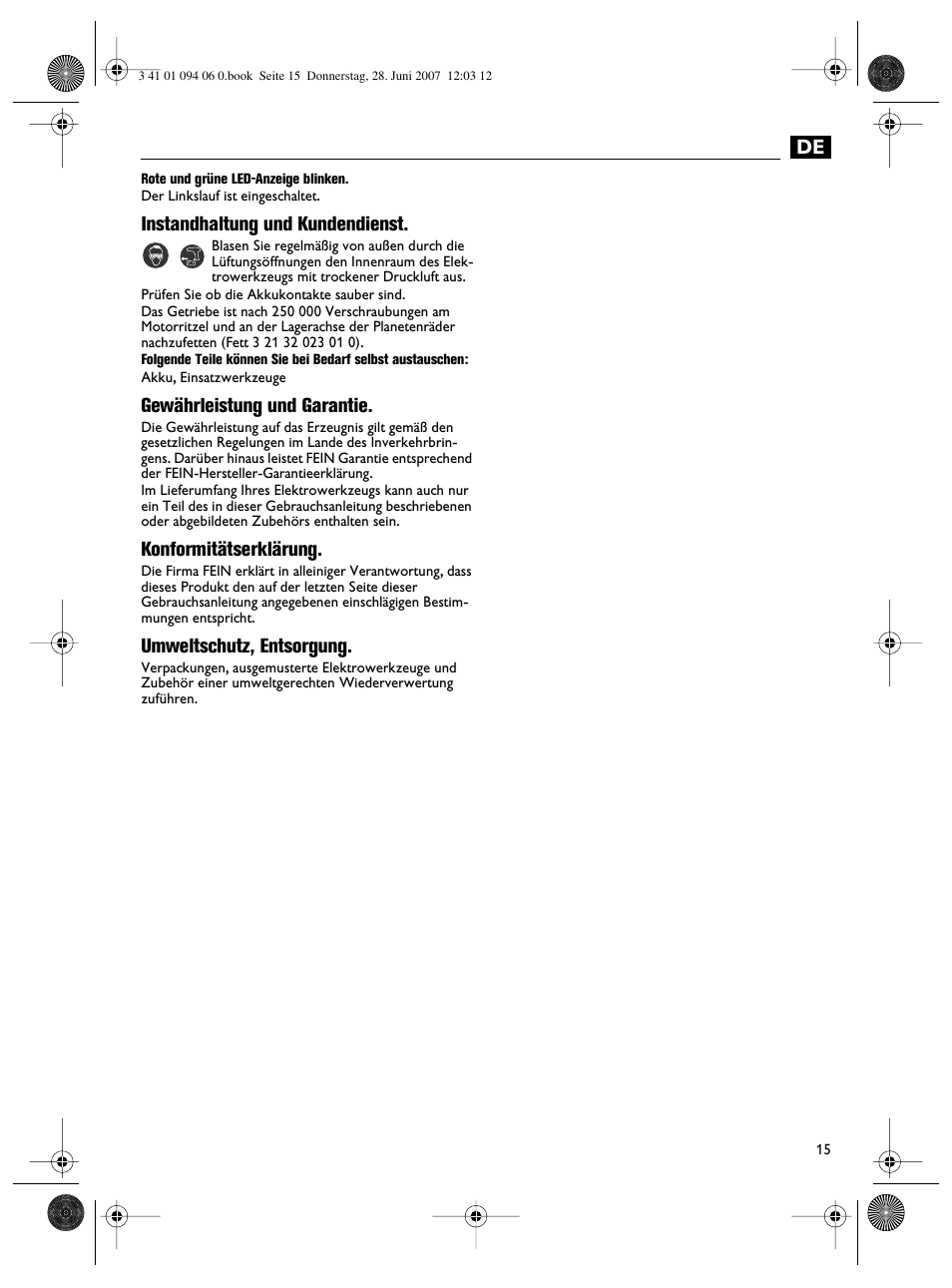 Instandhaltung und kundendienst, Gewährleistung und garantie, Konformitätserklärung | Umweltschutz, entsorgung | Fein ASM9-2 User Manual | Page 15 / 65