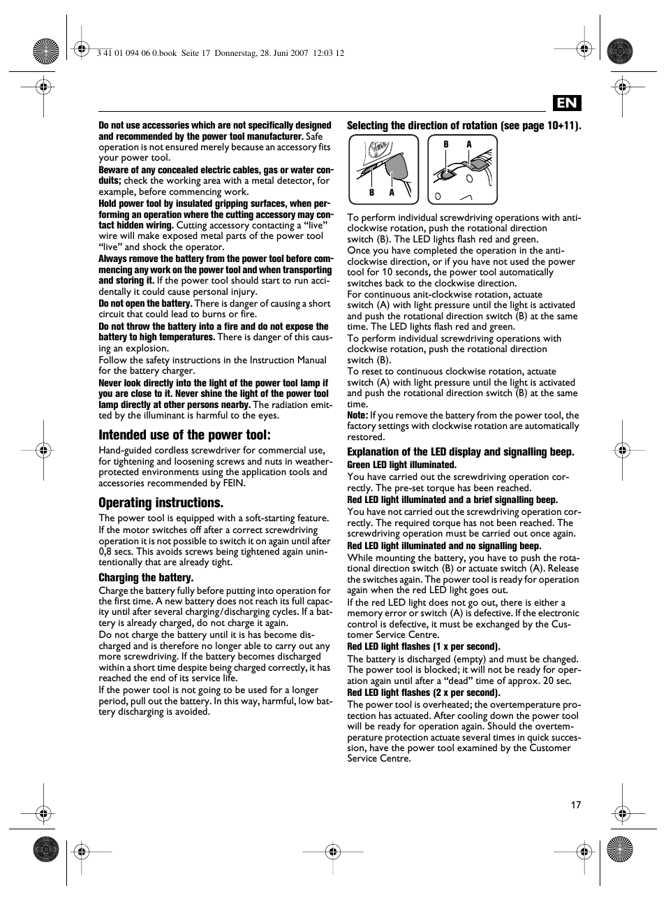Intended use of the power tool, Operating instructions | Fein ASM9-2 User Manual | Page 17 / 65