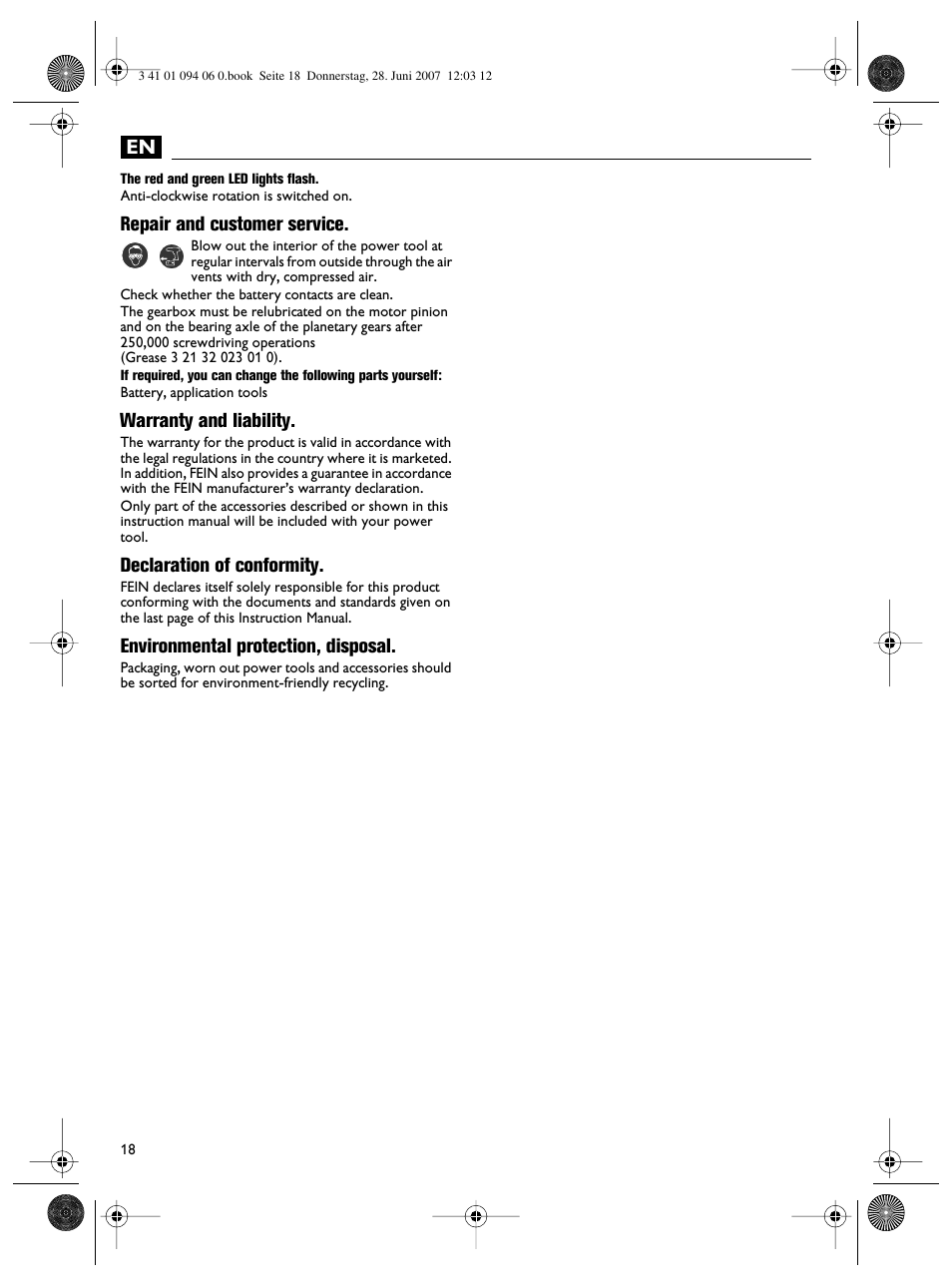 Repair and customer service, Warranty and liability, Declaration of conformity | Environmental protection, disposal | Fein ASM9-2 User Manual | Page 18 / 65