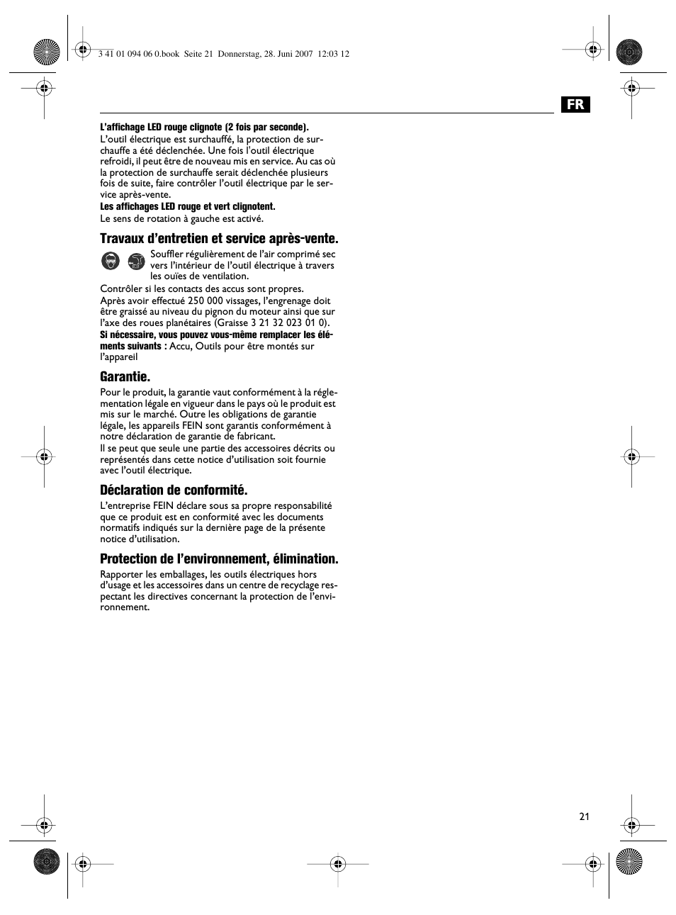 Travaux d’entretien et service après-vente, Garantie, Déclaration de conformité | Protection de l’environnement, élimination | Fein ASM9-2 User Manual | Page 21 / 65