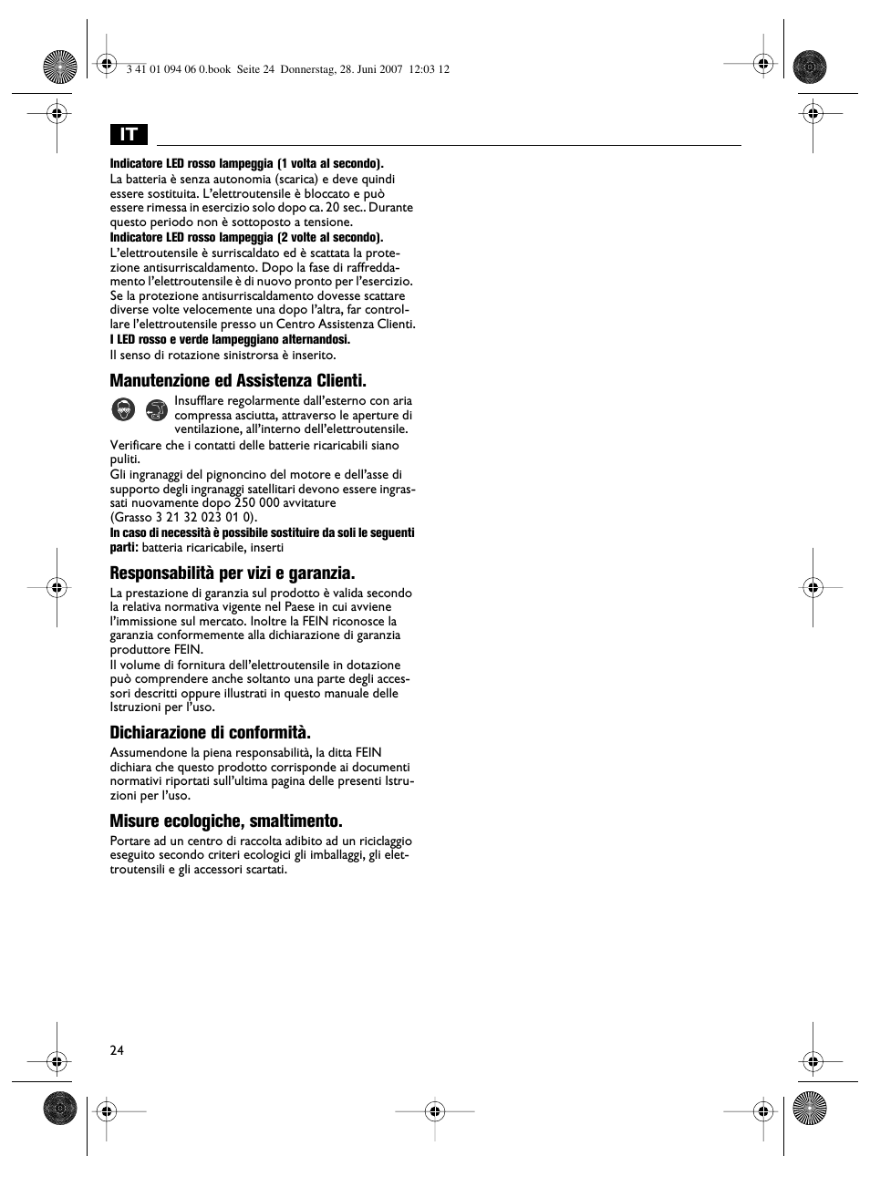 Manutenzione ed assistenza clienti, Responsabilità per vizi e garanzia, Dichiarazione di conformità | Misure ecologiche, smaltimento | Fein ASM9-2 User Manual | Page 24 / 65