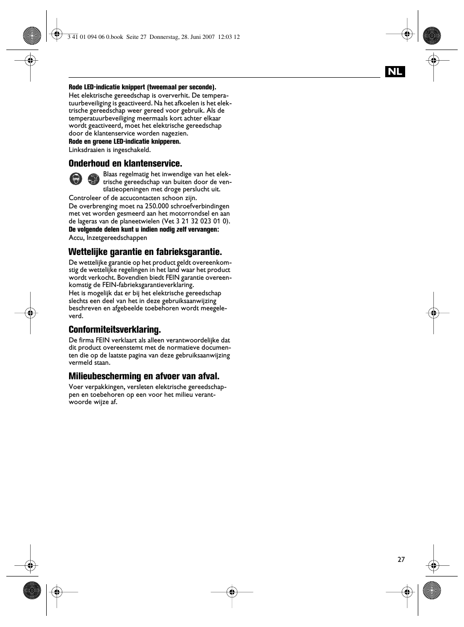 Onderhoud en klantenservice, Wettelijke garantie en fabrieksgarantie, Conformiteitsverklaring | Milieubescherming en afvoer van afval | Fein ASM9-2 User Manual | Page 27 / 65
