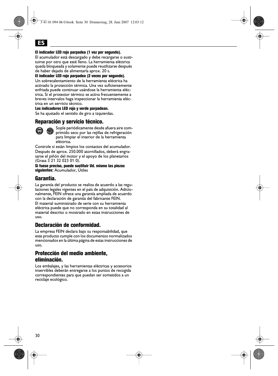 Reparación y servicio técnico, Garantía, Declaración de conformidad | Protección del medio ambiente, eliminación | Fein ASM9-2 User Manual | Page 30 / 65