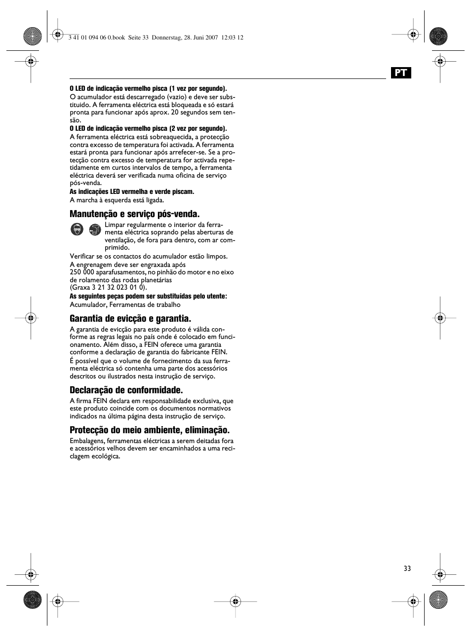 Manutenção e serviço pós-venda, Garantia de evicção e garantia, Declaração de conformidade | Protecção do meio ambiente, eliminação | Fein ASM9-2 User Manual | Page 33 / 65