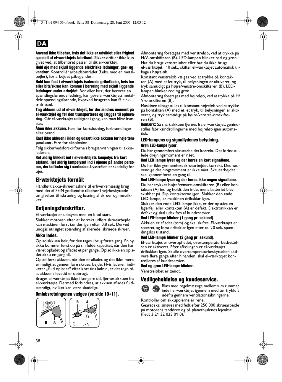 El-værktøjets formål, Betjeningsforskrifter, Vedligeholdelse og kundeservice | Fein ASM9-2 User Manual | Page 38 / 65