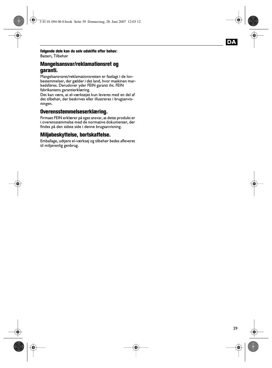 Mangelsansvar/reklamationsret og garanti, Overensstemmelseserklæring, Miljøbeskyttelse, bortskaffelse | Fein ASM9-2 User Manual | Page 39 / 65