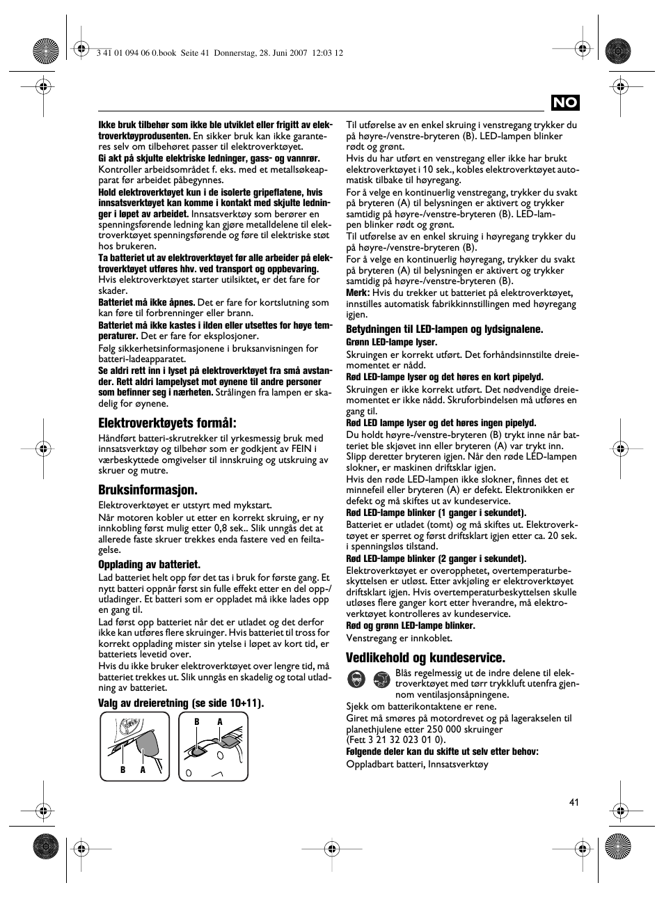 Elektroverktøyets formål, Bruksinformasjon, Vedlikehold og kundeservice | Fein ASM9-2 User Manual | Page 41 / 65
