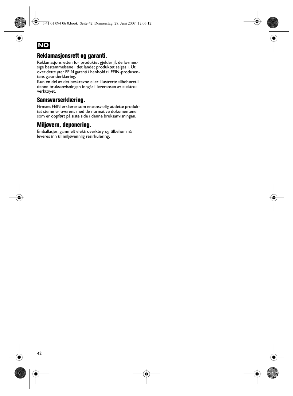 No reklamasjonsrett og garanti, Samsvarserklæring, Miljøvern, deponering | Fein ASM9-2 User Manual | Page 42 / 65