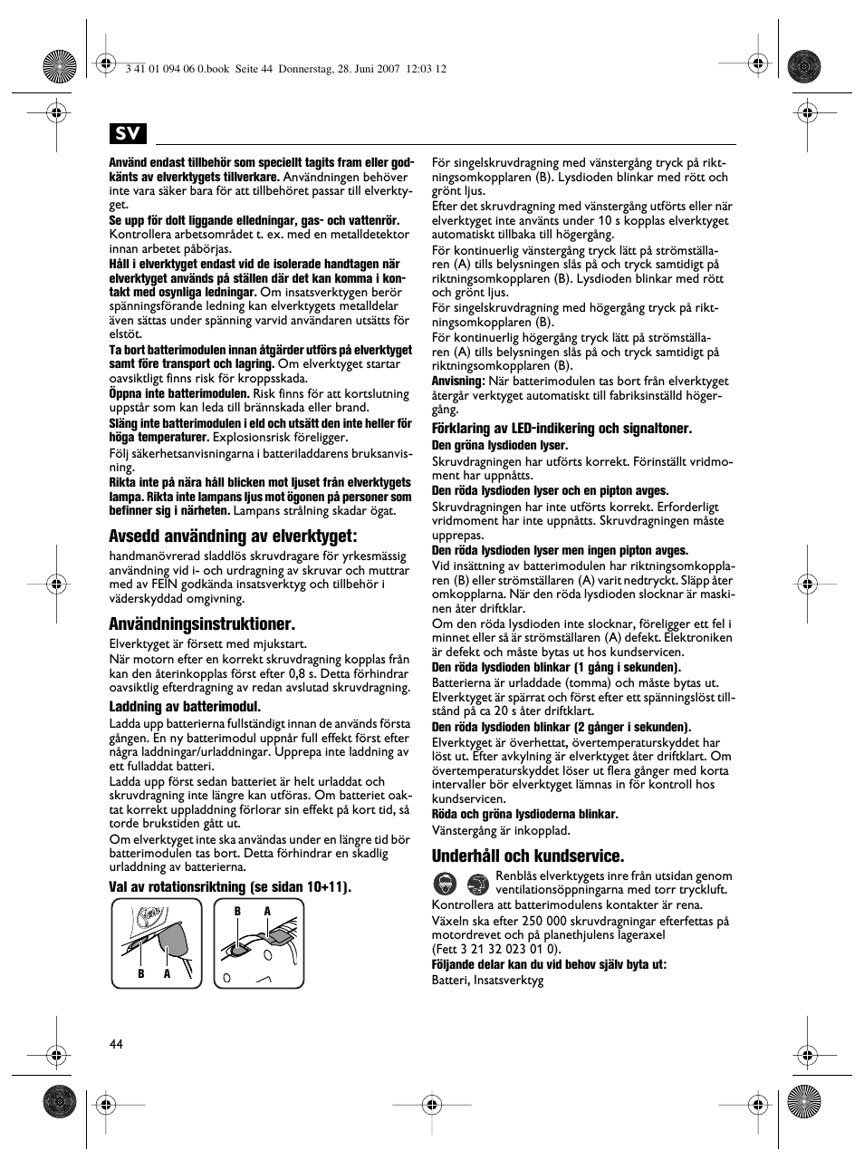 Avsedd användning av elverktyget, Användningsinstruktioner, Underhåll och kundservice | Fein ASM9-2 User Manual | Page 44 / 65