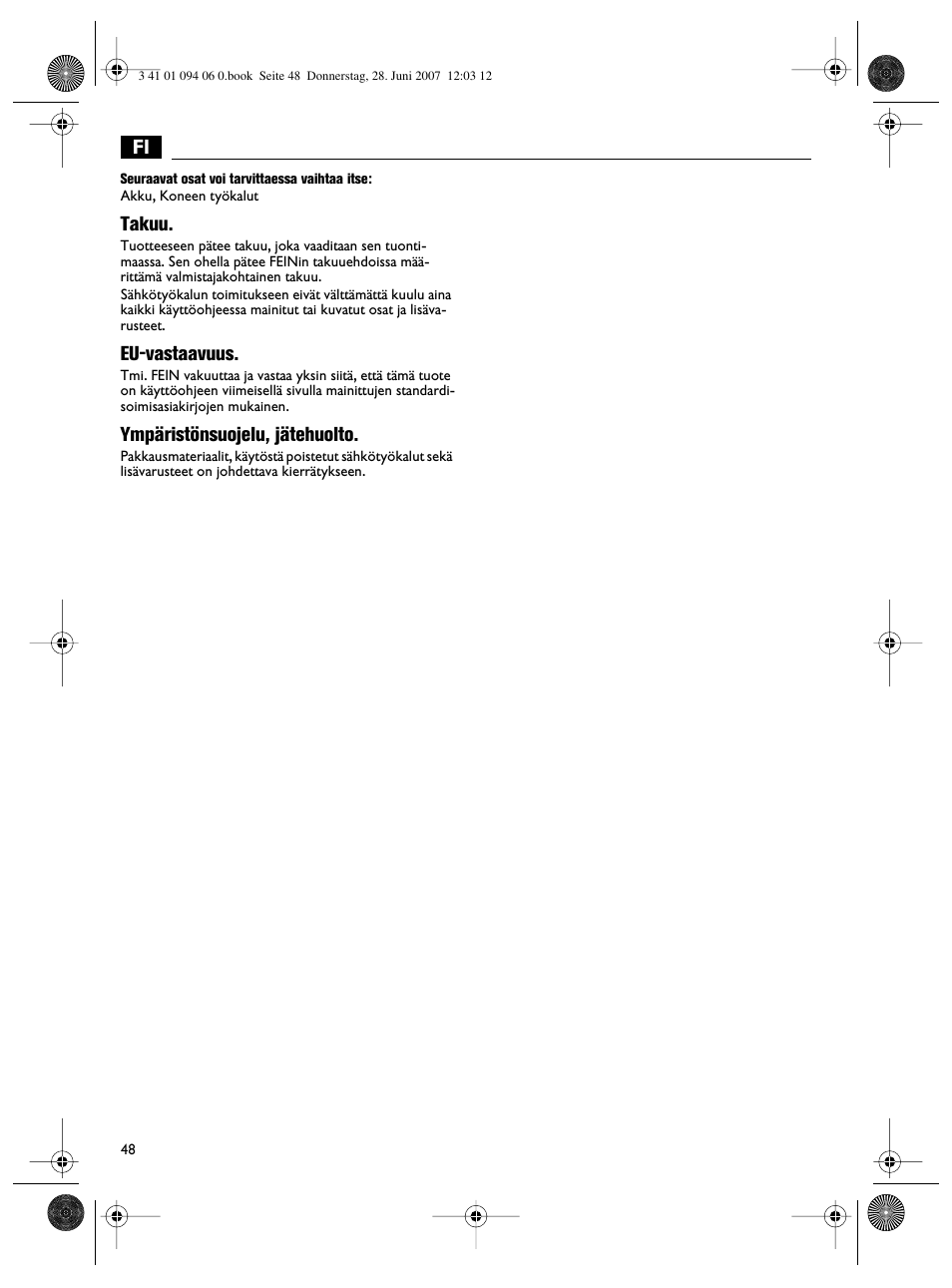 Takuu, Eu-vastaavuus, Ympäristönsuojelu, jätehuolto | Fein ASM9-2 User Manual | Page 48 / 65