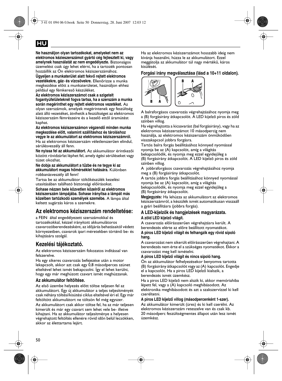Az elektromos kéziszerszám rendeltetése, Kezelési tájékoztató | Fein ASM9-2 User Manual | Page 50 / 65