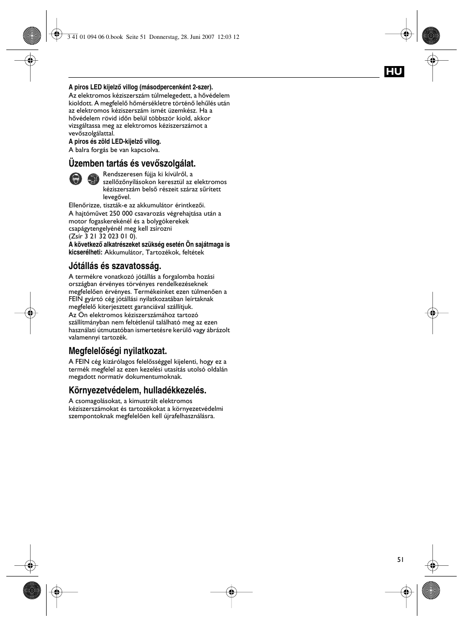 Üzemben tartás és vevœszolgálat, Jótállás és szavatosság, Megfelelœségi nyilatkozat | Környezetvédelem, hulladékkezelés | Fein ASM9-2 User Manual | Page 51 / 65