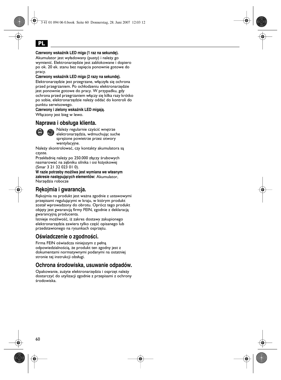 Naprawa i obs∏uga klienta, R´kojmia i gwarancja, Oêwiadczenie o zgodnoêci | Ochrona êrodowiska, usuwanie odpadów | Fein ASM9-2 User Manual | Page 60 / 65