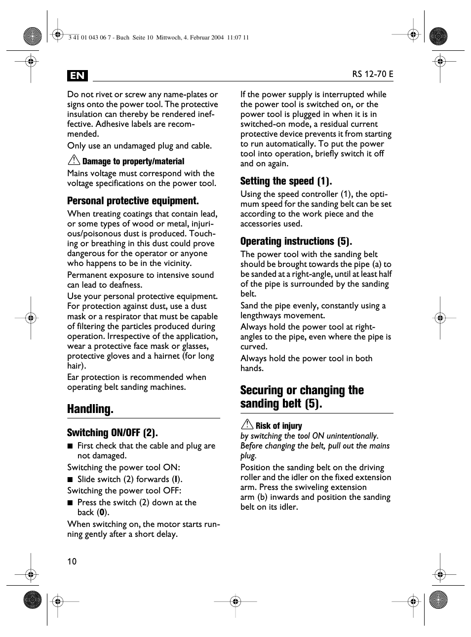 Handling, Securing or changing the sanding belt (5) | Fein RS 12-70E User Manual | Page 10 / 80