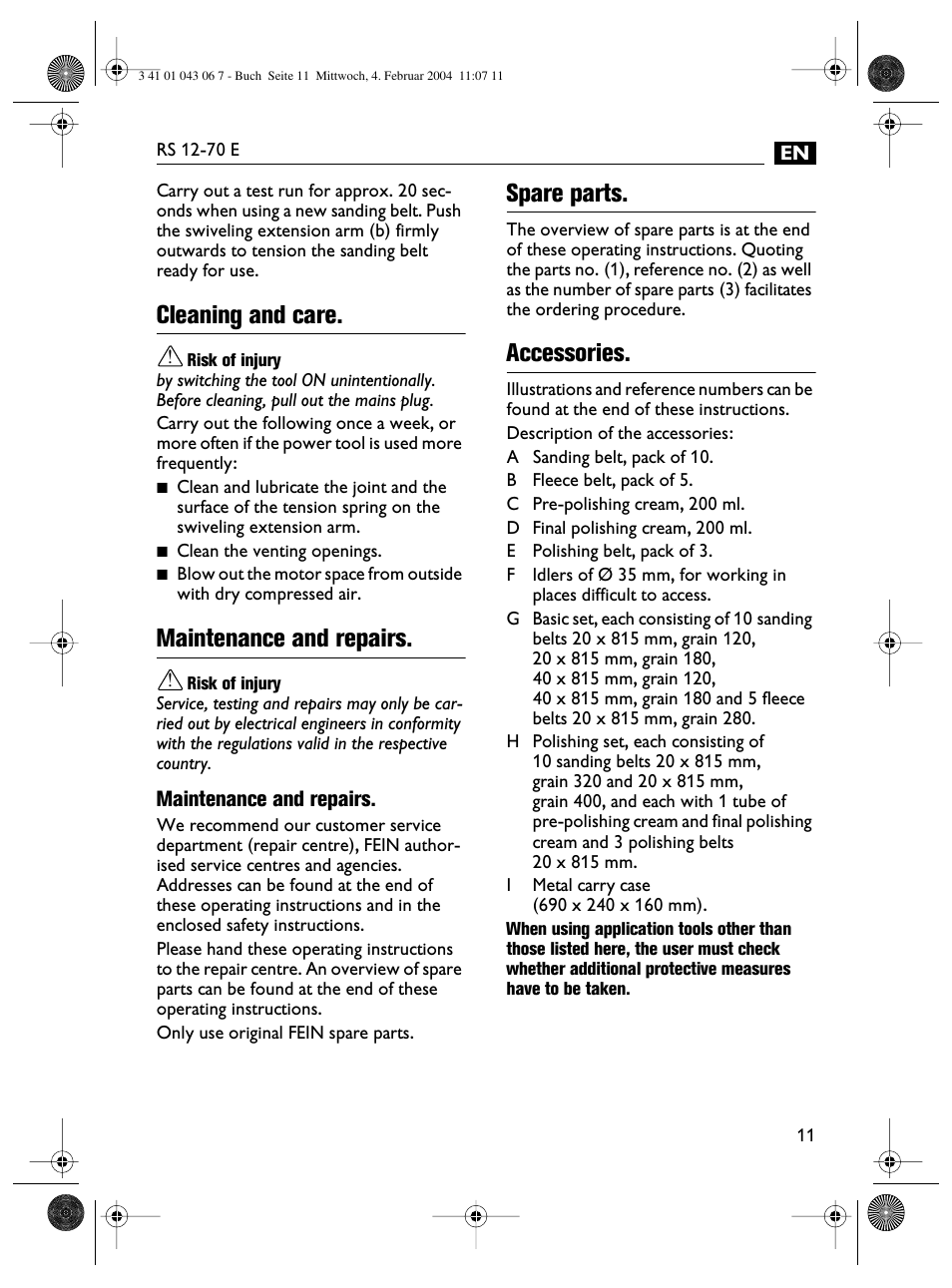 Cleaning and care, Maintenance and repairs, Spare parts | Accessories | Fein RS 12-70E User Manual | Page 11 / 80