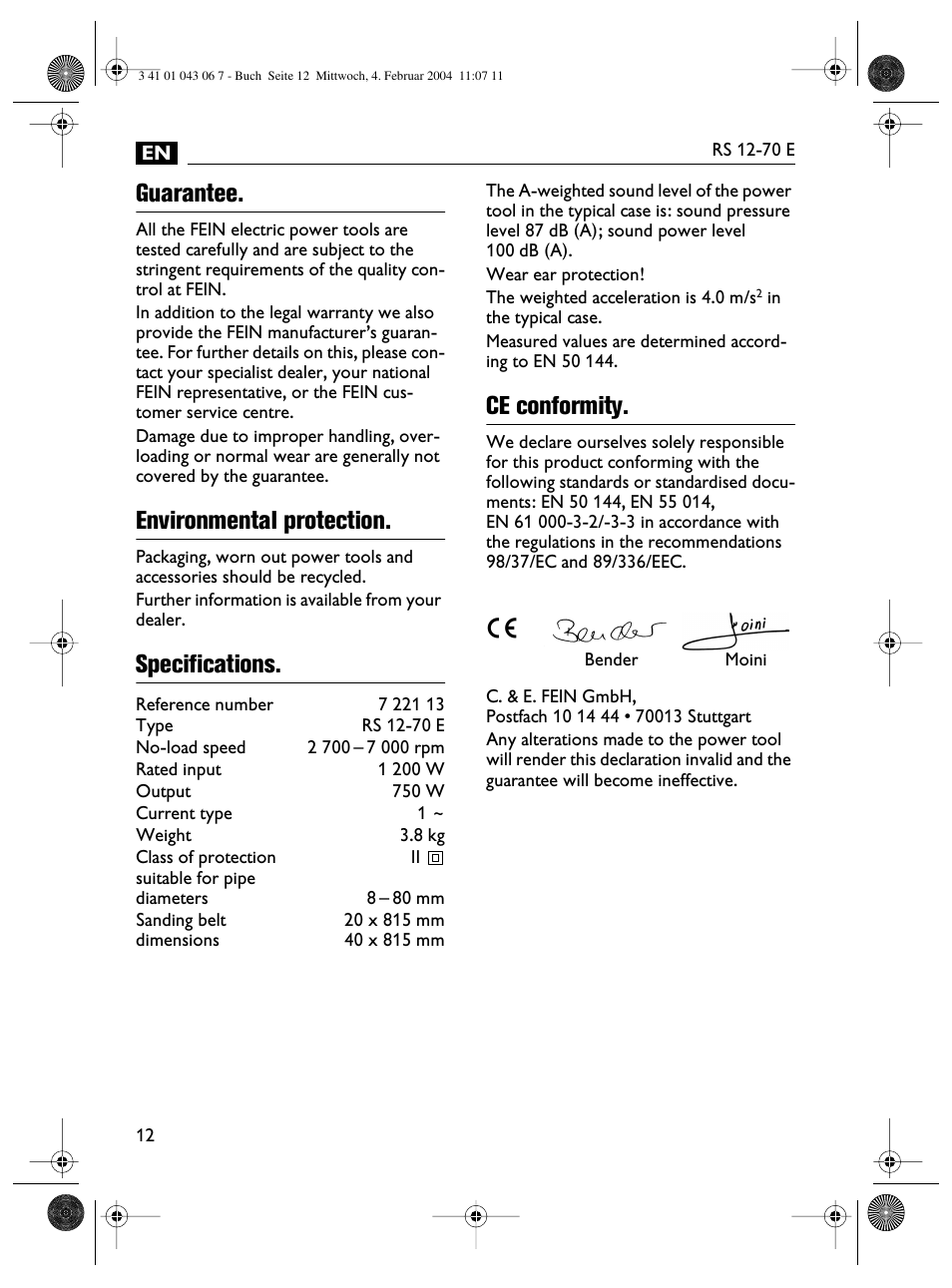 Guarantee, Environmental protection, Specifications | Ce conformity | Fein RS 12-70E User Manual | Page 12 / 80