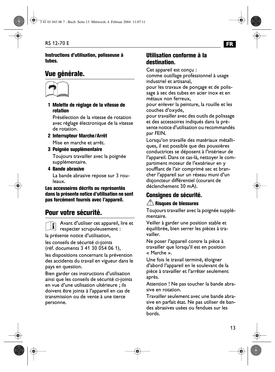 Vue générale, Pour votre sécurité | Fein RS 12-70E User Manual | Page 13 / 80