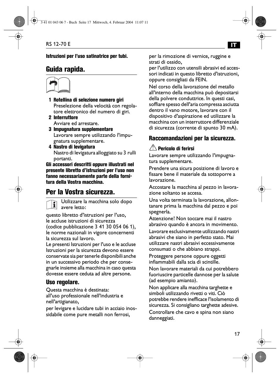 Guida rapida, Per la vostra sicurezza | Fein RS 12-70E User Manual | Page 17 / 80