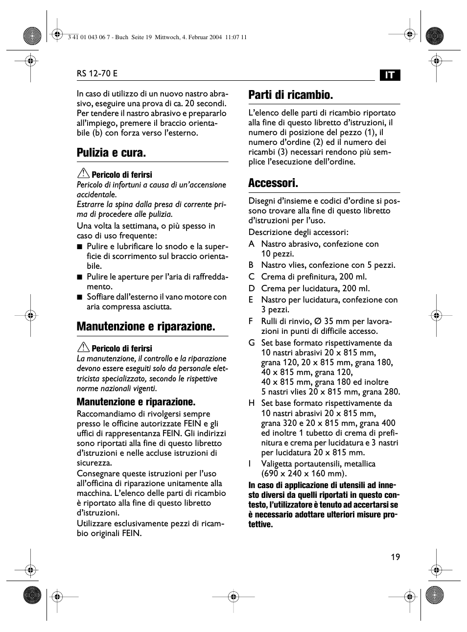 Pulizia e cura, Manutenzione e riparazione, Parti di ricambio | Accessori | Fein RS 12-70E User Manual | Page 19 / 80